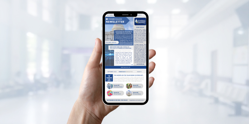 FranCoach newsletter september 2024 on an iPhone screen with a grey corporate background