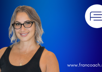 franchise coach Kristina Gagliardi-Wilson on a blue background with the FranCoach logo in white