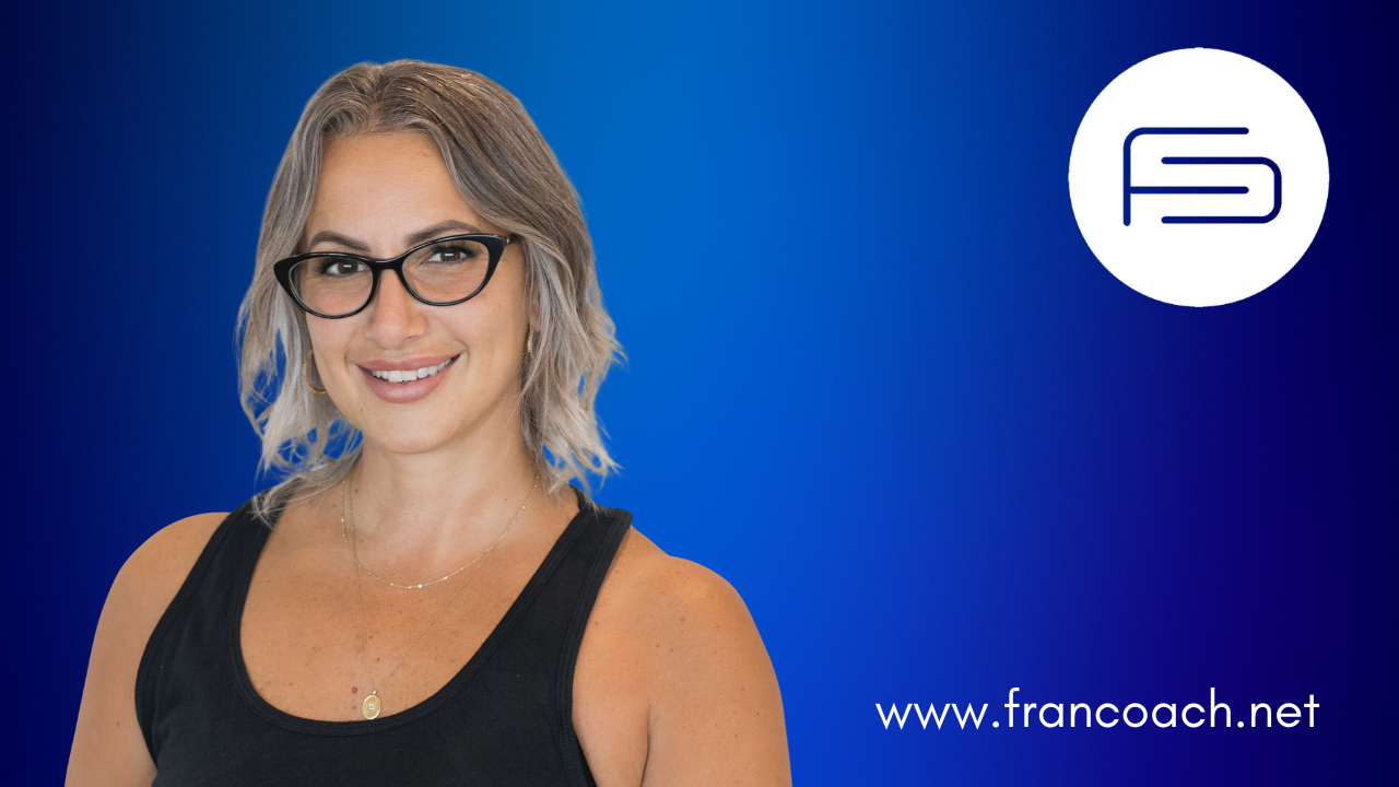 franchise coach Kristina Gagliardi-Wilson on a blue background with the FranCoach logo in white
